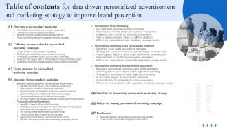 Table Of Contents For Data Driven Personalized Advertisement And Marketing Strategy To Improve