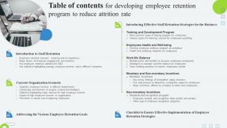 Table Of Contents For Developing Employee Retention Program To Reduce Attrition Rate