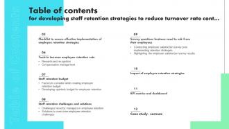 Table Of Contents For Developing Staff Retention Strategies To Reduce Turnover Rate