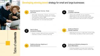Table Of Contents For Developing Winning Brand Strategy For Small And Large Businesses