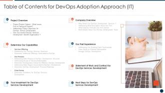Table Of Contents For Devops Adoption Approach IT Ppt Icon Graphics