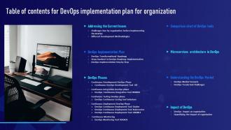 Table Of Contents For DevOps Implementation Plan For Organization Ideas Diagrams