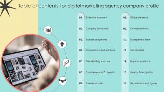 Table Of Contents For Digital Marketing Agency Company Profile Cp Cd V