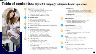 Table Of Contents For Digital PR Campaign To Improve Brands Presence MKT SS V
