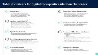 Table Of Contents For Digital Therapeutics Adoption Challenges Ppt Ideas Inspiration