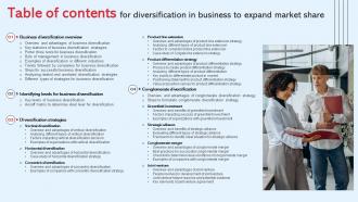 Table Of Contents For Diversification In Business To Expand Market Share Strategy SS V