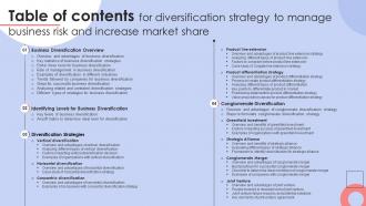 Table Of Contents For Diversification Strategy To Manage Business Risk And Increase Market Strategy SS