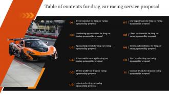 Table Of Contents For Drag Car Racing Service Proposal Ppt Powerpoint Presentation Icon Design