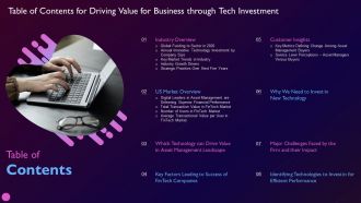 Table Of Contents For Driving Value For Business Through Tech Investment