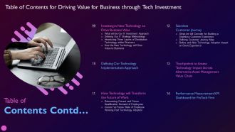 Table Of Contents For Driving Value For Business Through Tech Investment