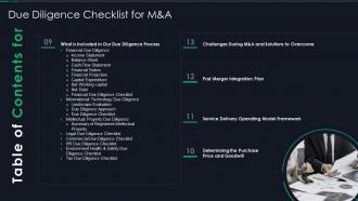 Table Of Contents For Due Diligence Checklist For M And A Ppt Themes