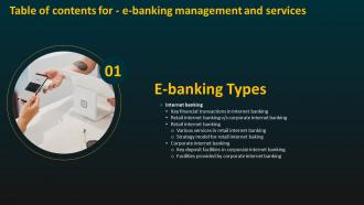 Table Of Contents For E Banking Management And Services Ppt Grid
