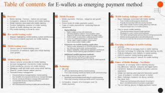 Table Of Contents For E Wallets As Emerging Payment Method Fin SS V