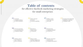 Table Of Contents For Effective Facebook Marketing Strategies For Small Enterprises