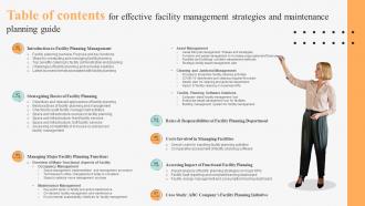 Table Of Contents For Effective Facility Management Strategies And Maintenance Planning Guide