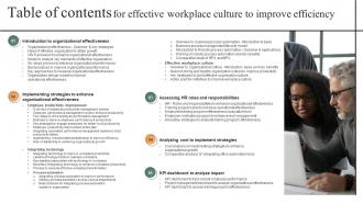 Table Of Contents For Effective Workplace Culture To Improve Efficiency Strategy SS V
