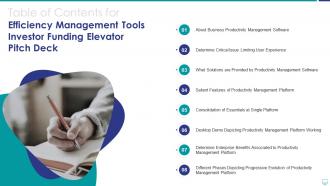 Table of contents for efficiency management tools investor funding elevator pitch deck