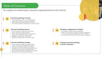 Table Of Contents For Employee Marketing To Promote Organizational Work Culture MKT SS V