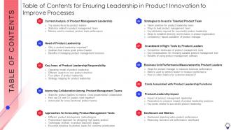 Table Of Contents For Ensuring Leadership In Product Innovation To Improve Processes
