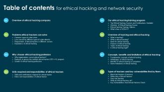Table Of Contents For Ethical Hacking And Network Security Ppt Ideas Background Images