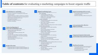 Table Of Contents For Evaluating E Marketing Campaigns To Boost Organic Traffic MKT SS V