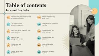 Table Of Contents For Event Day Tasks Ppt Powerpoint Presentation File Graphics Tutorials