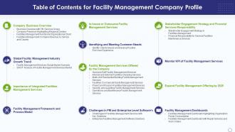 Table Of Contents For Facility Management Company Profile Ppt Icon Designs Download