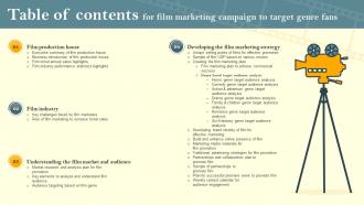 Table Of Contents For Film Marketing Campaign To Target Genre Fans Strategy SS V