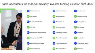 Table Of Contents For Financial Advisory Investor Funding Elevator Pitch Deck