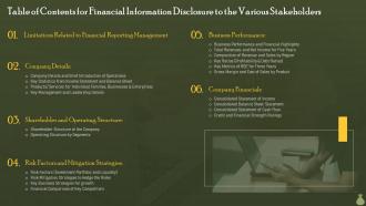 Table Of Contents For Financial Information Disclosure To The Various Stakeholders