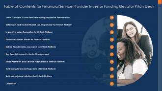 Table of contents for financial service provider investor funding elevator pitch deck
