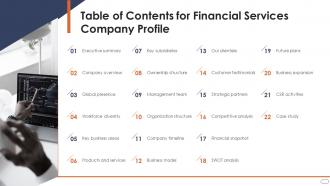 Table Of Contents For Financial Services Company Profile Ppt Styles Graphic Images