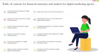 Table Of Contents For Financial Summary And Analysis For Digital Marketing Agency