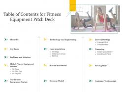 Table of contents for fitness equipment pitch deck fitness equipment investor funding elevator