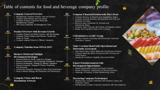 Table of contents for food and beverage company profile ppt powerpoint presentation icon rules