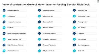 Table Of Contents For General Motors Investor Funding Elevator Pitch Deck
