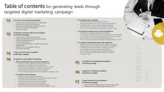 Table Of Contents For Generating Leads Through Targeted Digital Marketing Campaign