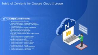 Table Of Contents For Google Cloud Storage Ppt Powerpoint Presentation Visual Aids Deck