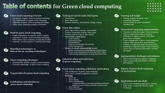 Table Of Contents For Green Cloud Computing Ppt Powerpoint Presentation File Deck