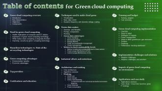 Table Of Contents For Green Cloud Computing V2 Ppt Ideas Introduction