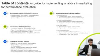 Table Of Contents For Guide For Implementing Analytics In Marketing For Performance Evaluation MKT SS V