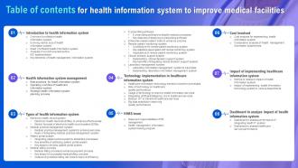 Table Of Contents For Health Information System To Improve Medical Facilities