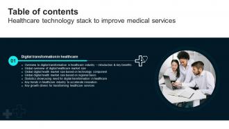 Table Of Contents For Healthcare Technology Healthcare Technology Stack To Improve Medical DT SS V