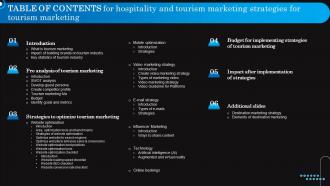 Table Of Contents For Hospitality And Tourism Marketing Strategies For Tourism Marketing Mkt Ss V