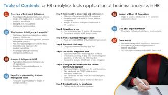 Table Of Contents For HR Analytics Tools Application Of Business Analytics In HR