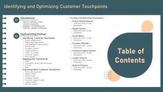 Table Of Contents For Identifying And Optimizing Customer Touchpoints