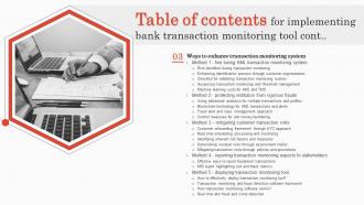 Table Of Contents For Implementing Bank Transaction Monitoring Tool Ppt Slides Ideas Aesthatic Idea