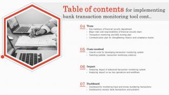 Table Of Contents For Implementing Bank Transaction Monitoring Tool Ppt Slides Ideas Engaging Idea