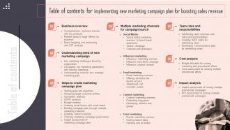 Table Of Contents For Implementing New Marketing Campaign Plan For Boosting Sales Revenue Strategy SS