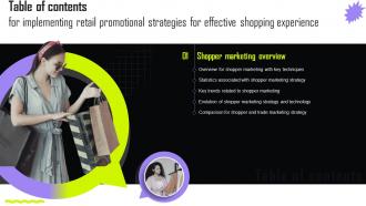 Table Of Contents For Implementing Retail Promotional Strategies For Effective Shopping Experience MKT SS V